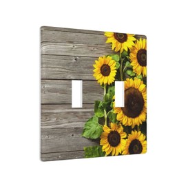 Farmhouse Sunflower Light Switch Cover Double Toggle Wall Plate 2 Gang Switch Plate Covers Rustic Wood Pattern Decorative Lightswitch Cover Plate, 4.5 x 4.5 Inch