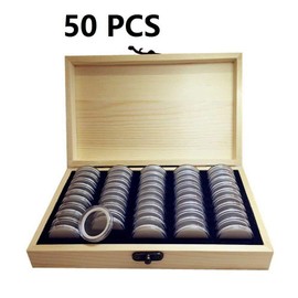 Maifa Coin Storage Box, 50/100PCS Wooden Coin Holder Case with Round Coin Capsules Plastic Coin Organizer Coin Protection Box for Coin Collectors 18mm/21mm/25mm/27mm/30mm