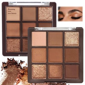 1pcs Brown Eyeshadow Palette, Matte and Shimmer Neutral 9-Color Eye Shadow Palette with Nude Gold Eyeshadow - Multipurpose, Highly Pigmented Cream Eyeshadows with Bronzer & Contour