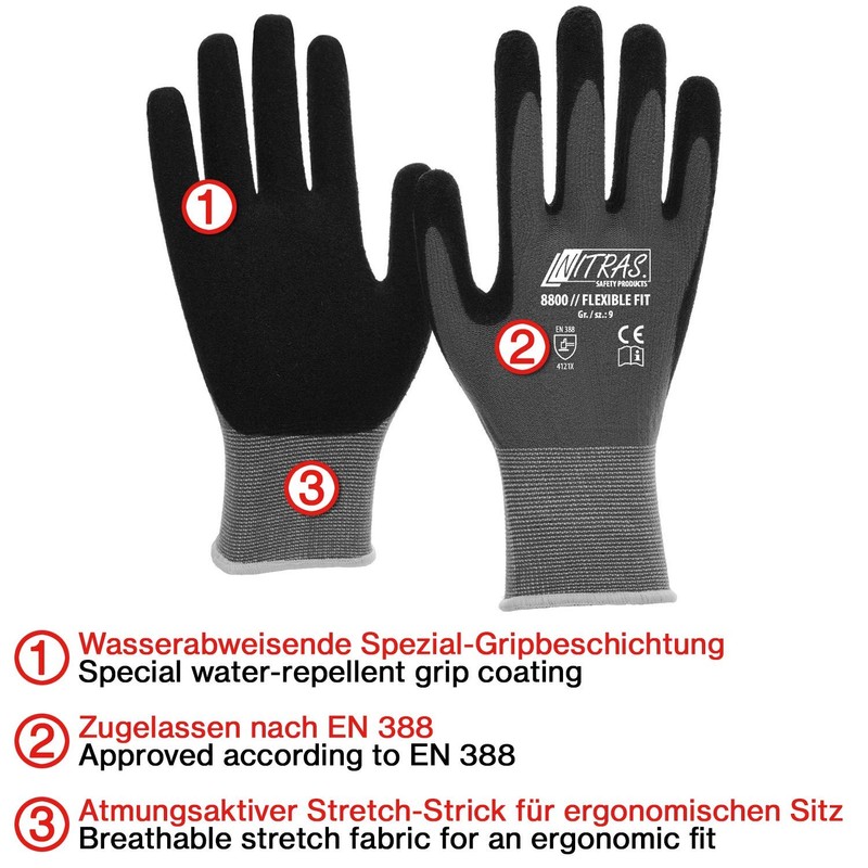 Nitras 8800 3 Pairs Work Gloves EN 388 Flexible Fit