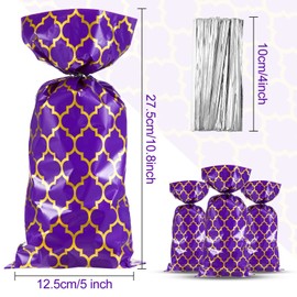 Tenare 100 Pieces Arabian Nights Cellophane Treat Bags, Purple Gold Lattice Plastic Candy Goodie Bags with Twist Ties for Princess Arabian Theme Birthday Favors