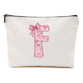 MQBMQB Pink Bow F, Alphabet Makeup Bag for Women, Washable Travel Organizer Toiletry Cosmetic Bag, Coquette Bow Letter Pattern Large Capacity Makeup Pouch with Zipper, Christmas Gifts for Women