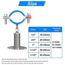 Kodilin 4PCS 304 Stainless Steel Wall Mount Ceiling Mount Pipe Supports,Suitable for OD Pipe 3/4"(25-28mm),Adjustable Height 50-100mm,Adjustable Pipe Strap Clamp with Screws