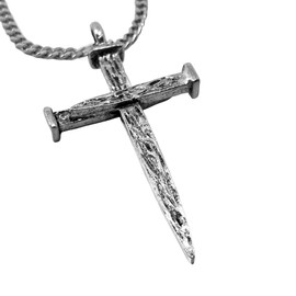 FORGIVEN JEWELRY Nail Cross Large Antique Silver Metal Finish Mens Pendant Stainless Steel Curb Chain Necklace