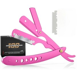 Professional Barber Straight Razor for Men – Black Straight Edge Razor with 100 Safety Blades Included:_Pink