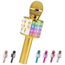 ShinePick Karaoke Microphone, Wireless Bluetooth Karaoke Microphone Children, Portable LED 4-in-1 Sing Microphone for Home KTV Karaoke Compatible with iOS Android PC (Gold)