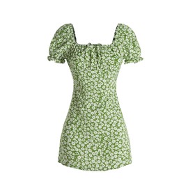 RoseSeek Girl's Boho Summer Dress Floral Short Sleeve Square Neck Cute A Line Mini Short Spring Dresses Green 10Y