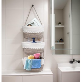 ililmmoe Over Door Hanging Basket for Organizing 3 Tiers Woven Cotton Rope Wall Mount Storage basket Decorative Kitchen Hanging Organizer Bathroom,Bedroom,Baby Room include 1door hook (Mixed Brown)