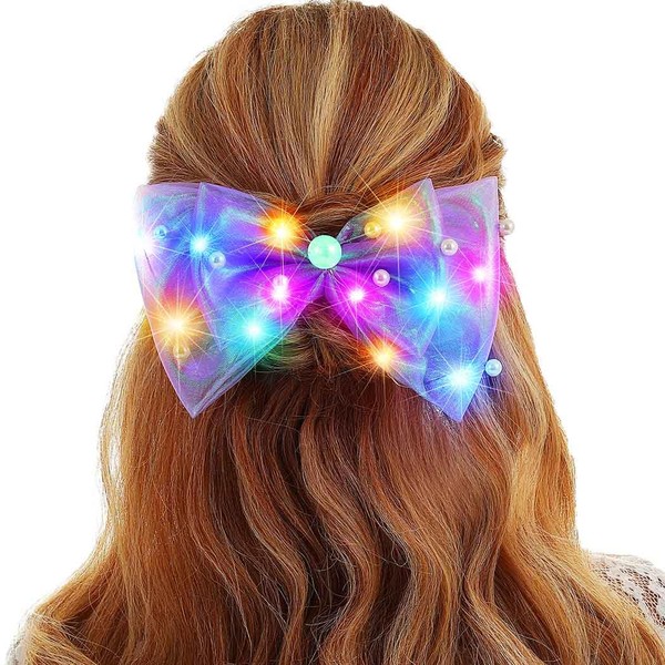 Reaky Leuchtende Haarspange mit LED-Schleifenclips, Perlen-Haarspangen, Haarschmuck für Frauen (Purple)
