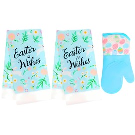 Easter Wishes Kitchen Towels, 15x25in and Blue Oven Mitt, 3-Piece Easter-Themed Housewarming Gift Set Spring Collection Seasonal Egg Charm Stylish Decor Durable Multipurpose Home Essential