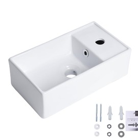 Small Wall Mount Bathroom Vessel Sink, QISHKA 15.6" X 8.6" Rectangular Floating Ceramic Wash Hand Basin- White Wall Hung Vanity Sink with Overflow for Small Bathroom (Right Hand)
