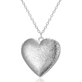 Locket Photo Necklace for Women Silver Heart Shaped Photo Necklace Picture Locket Necklace for Girls (Silver)