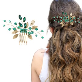 Bridal Crystal Hair Comb Wedding Pearl Beaded Hair Piece Rhinestone Green Emerald Hair Slide Comb Golden Leaves Hair Clips for Bride Bridesmaid