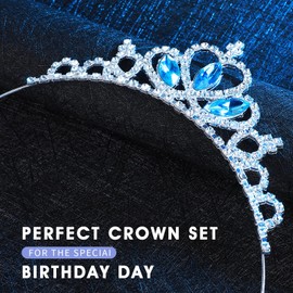 2PCS Princess Crown Tiara, Mabor Silver Rhinestone Headpiece Princess Headband with Blue Crystal for Wedding Prom Adjustable Crown Headbands for Women Girls Gifts