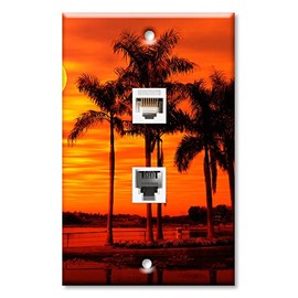 Art Plates - Decorative Printed 2 Port Data Wall Plate - RJ11 Telephone Jack Connector and RJ45 (Cat5, Cat6, Cat7) Ethernet Connector - Gold-Plated Contacts - Orange Sunset on the Beach