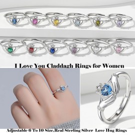 Sterling Silver Dainty Claddagh Ringsfor Women - Blue Heart Gemstone Stackable band Ring Irish Adjustable December Rings - Christmas Anniversary Birthday Jewelry Gifts for Mother Daughter