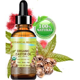 Botanical Beauty Organic Castor Oil 100% Pure Natural Cold Pressed Carrier Oil 1 Fl.oz.- 30 ml. for Face Skin Hair Lashes Brows, Nails.