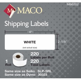 MACO Direct Thermal Printer White Shipping Labels, 2-1/8 x 4 Inches, 220 Per Roll, 1 Roll (M86202)