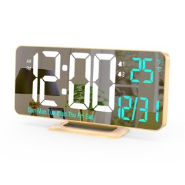 KOSUMOSU Digital LED Clock 6.7 Inch Gold Alarm Clock Desk Clock for Bedroom with Date/Second/Week 12/24 Hours/Dimming/Temperature/Calendar LED Clock for Living Room