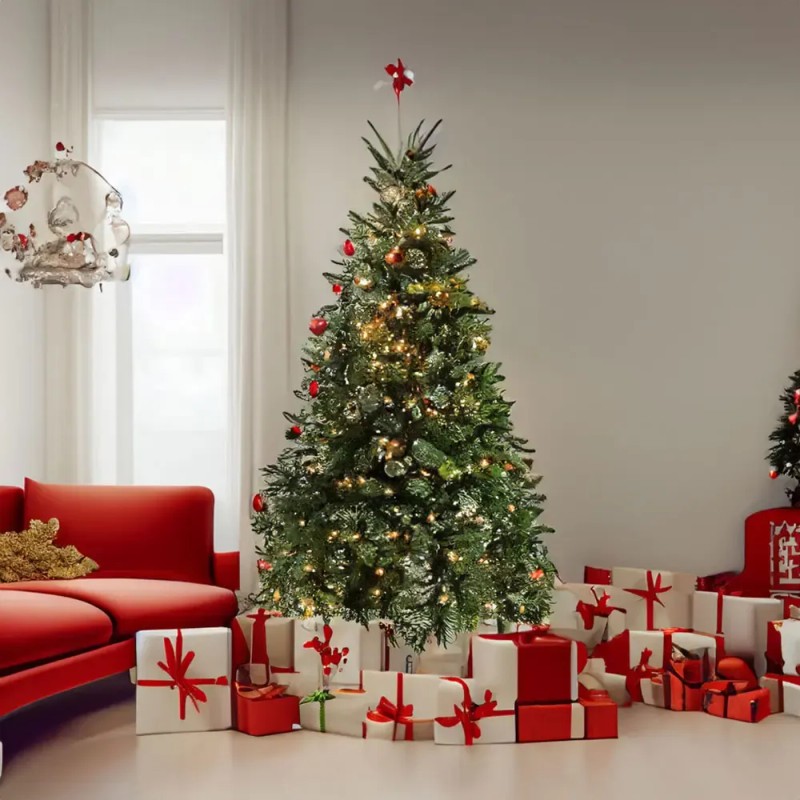 Árbol De Navidad Pino Artificial Verde Con Luces Led 2.1m