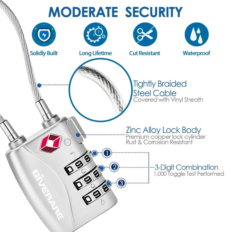 2 Pack TSA Approved Travel Luggage Locks, Long Cable Combination