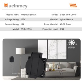 Muelnmey 15Amp Power Outlet Receptacle with Cover,NEMA 5-15R 2Pole 3Wire,Weatherproof, Dustproof，Power Outlet for Outdoor Use,ETL Listed.