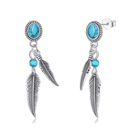 YAFEINI Feather Turquoise Earrings 925 Sterling Silver Bohemia Feather Earrings Western Jewelry for Women