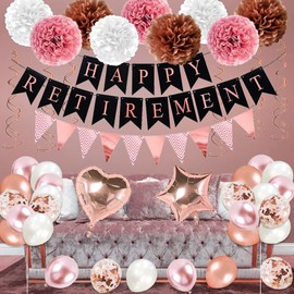 Bluegogo Rose Gold Retirement Party Decorations, 63 Pcs Retired Parties Decorations for Women Happy Retired Banner Hanging Swirls Foil Balloon Cake Toppers Retired Sash Retired Paries Supplies