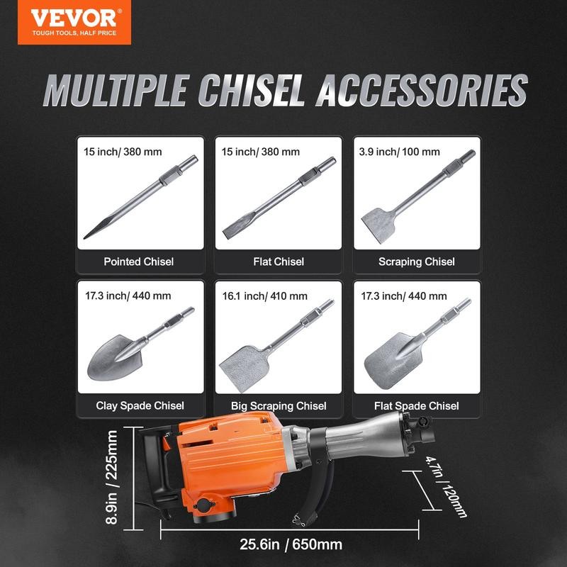 VEVOR Demolition Jack Hammer with 2/4/6 Chisel Bit, 360°C Swiveling