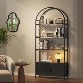 Saudism Arched Bookshelf with Doors, 71" Tall Industrial Bookcase with Sturdy Metal Frame, Vintage Display Shelving Unit, Black Geometric Book Shelf for Lving Room, Bedroom, Home Office
