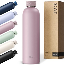 KIVY Stainless Steel Insulated Water Bottle 32oz | Slim Water Bottle for Travel, Car, Gym, Cupholder, Backpack side pocket - Slim water bottle no straw - Skinny water bottle screw top