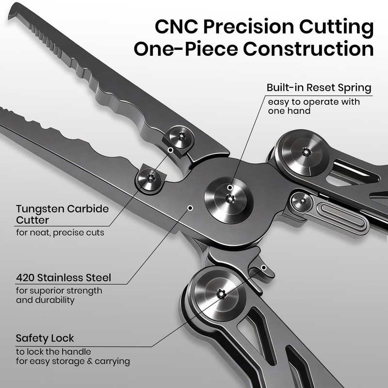 Pristis Fishing Pliers with Multitools, Titanium Coated Stainless Steel