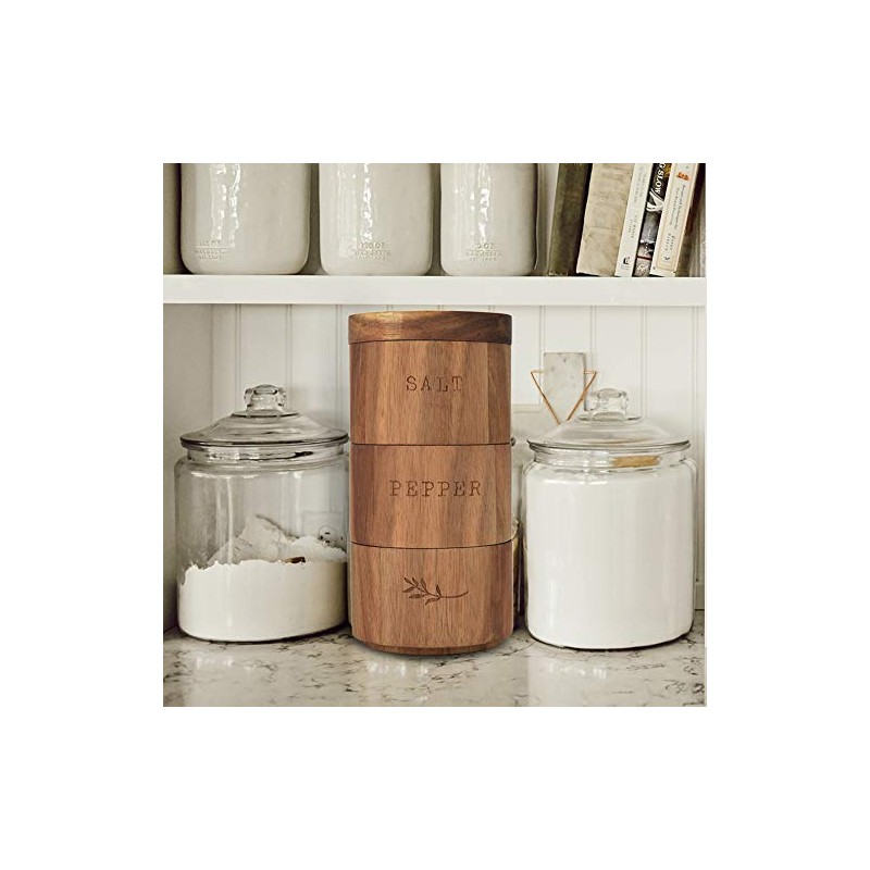 Acacia Wood Salt Pepper Shaker Set Cellar 3 piece Stacking