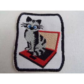 Handmade Gray Tabby Cat on Computer Laptop 3-1/2" Embroidery Iron-on Patch (E26)