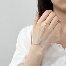 925 Sterling Silver Triple Solitaire CZ Diamond Finger Ring Bracelet Hand Chain for Women, Slave Bracelets Adjustable