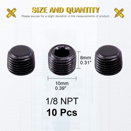 Mardatt 10pc 1/8" NPT Carbon Steel Pipe Plug Set - Male Thread, Allen Head
