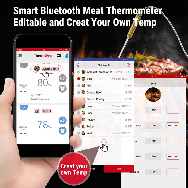 ThermoPro Bluetooth Meat Thermometer w/ 4 Probes, Rechargeable w/ Alarm