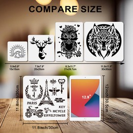 MAYJOYDIY Paris Tower Stencil Bicycle English Letters Art Stencil 30 × 30 cm with Brush Crown Key Wasp Painting Template Reusable Wreath Template for Window Wood Wall Home Decoration