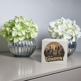 Trip to London London Cityscape Wooden Money Box Retro Design with England Landmarks such as Big Ben Tower