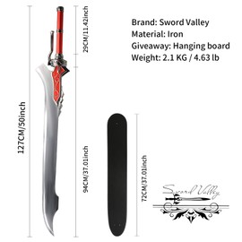 Sword Valley Red Queen - Elegant Ornamental Display Piece – Stainless Steel Blade with Wall Mount, 127cm/50 Length, 3D Metal Accents - Cosplay Props Western Style Sword, Suitable for Collection