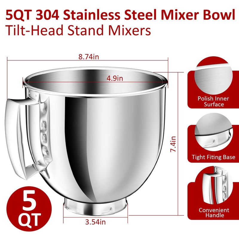 5QT Stainless Steel Mixer Bowl Compatible with KitchenAid Bowls for
