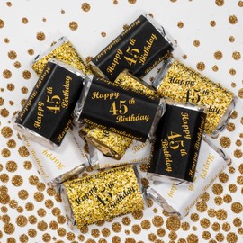 45th Birthday Miniatures Candy Bar Wrapper, (Set of 60) Mini Candy Bar Stickers; 3 Designs: 24 Gold, 24 Black, 12 White, Candy Not Included