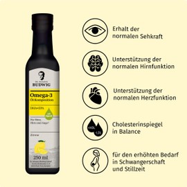 Dr. Budwig Omega-3 DHA + EPA Lemon - The Original - The Perfect Oil Composition to Support the Heart, Brain and Eye as well as for Special Stress Situations, 250 ml