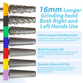 MagiBling 16mm 5 in 1 Tapered Barrel Nail Drill Bits, 3/32'' Safety Tungsten Carbide Bits, Right & Left Rotation, Manicure Cuticle Gel Acrylic Removal Polishing, Technicians Bits, Coarse.