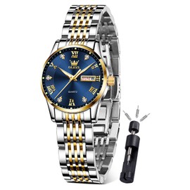 OLEVS Ladies Watches Blue Face Womens Watches Silver Gold Stainless Steel Small Wrist Watch for Woman Fashion Two Tone Luminous Waterproof Diamond Female Watch with Date Elegant Reloj para Mujer