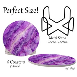 Purple Agate Marble Round Coasters Set of 6 - Abosrbent Ceramic Coasters with Metal Stand for Drinks, Coffee, Non-Slip Cork Back for Tabletop Protection, 4 Inches Marbled Pattern (Agate)