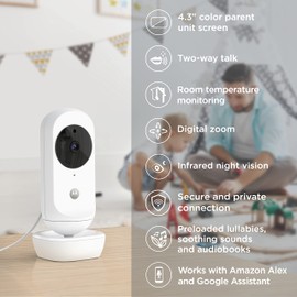 Motorola Nursery Ease 44 Connect - WiFi Baby Monitor with Camera - 4.3 Inch Video Baby Monitor Display - Hubble App - Night Vision, Lullabies, Microphone, Room Temperature Monitoring - White