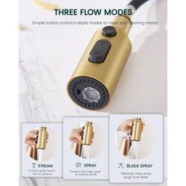 HEISOK Pull Down Spray Head for Kitchen Faucet, Kitchen Sink Faucet Head Replacement with 15 Adapters, 3 Function Replacement Pull Out Faucet Sprayer Nozzle Head,Brushed Gold