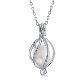 Bridal Teardrop White Freshwater Cultured Pearl Bird Caged Pendant Necklace for Wedding for Women .925 Sterling Silver