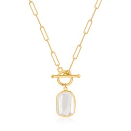 Aobei Pearl Gilt Rectangle Baroque Pearl Pendant Necklace for Women 18K Gold Paperclip Chain Necklace Toggle Layering Jewelry 20”